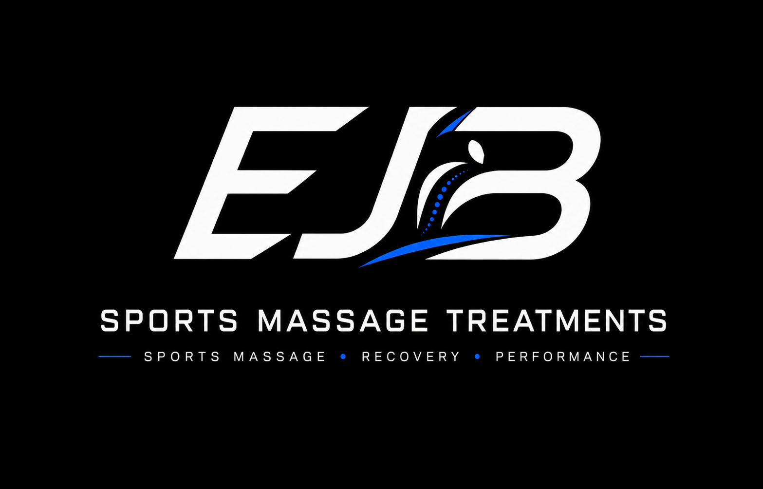 Logo for EJB Sports Massage Treatments with text 'Sports Massage, Recovery, Performance' on a black background.