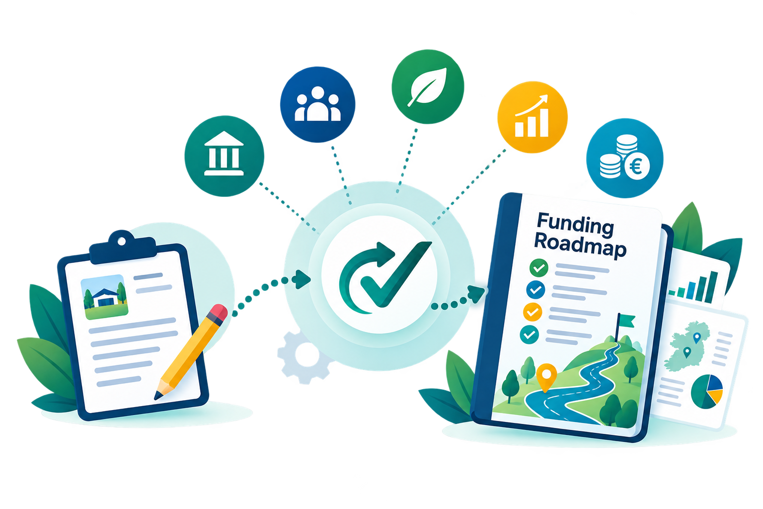 Funding roadmap/checkmark illustration.
ReadySet illustration representing different funding routes brought together into one project Funding Roadmap.