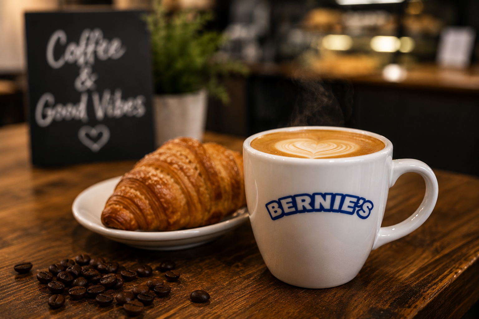 A steaming cup of coffee in a white mug with 'Bernie's' logo, a croissant on a small white plate, coffee beans scattered on a wooden table, and a chalkboard sign in the background that reads 'Coffee & Good Vibes.'