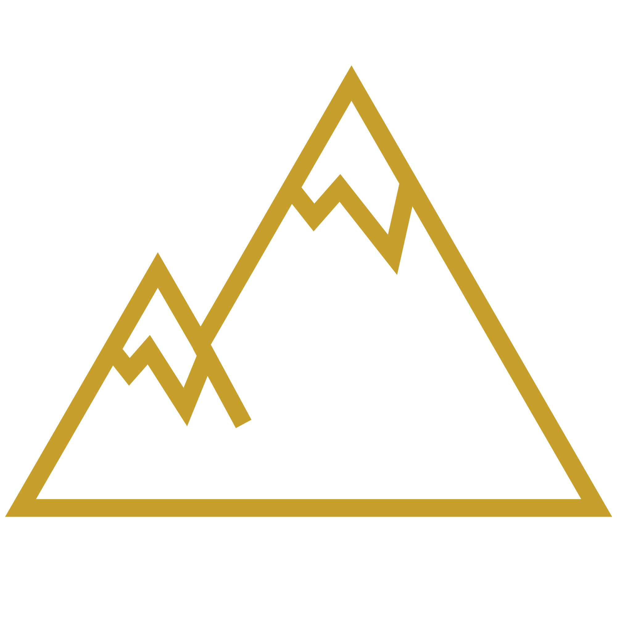 A stylized gold mountain range logo with a large central peak and smaller side peaks on a white background.
