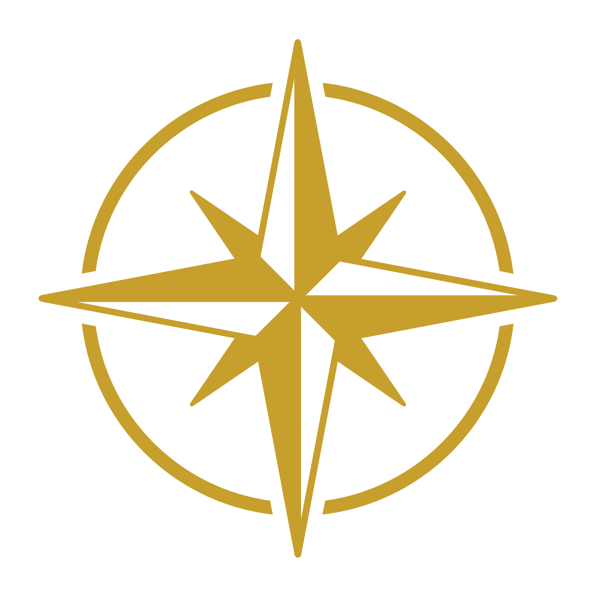 Gold emblem featuring a compass rose design.