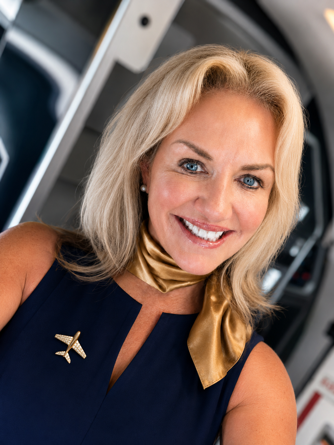 A smiling blonde woman with blue eyes wearing a navy dress with a gold scarf and a plane-shaped brooch, standing in what appears to be an airplane cabin.