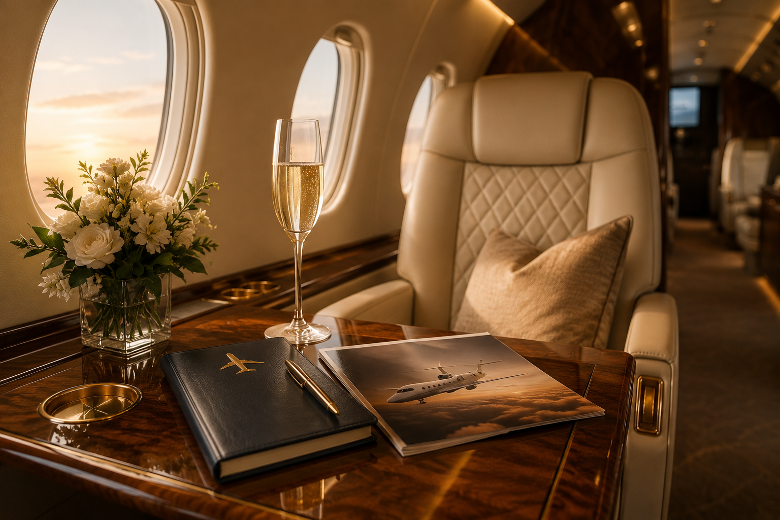 Luxury airplane interior with a leather seat, a window view of the sunset sky, a glass of champagne, a flower arrangement, a notebook, a magazine featuring a private jet, and a gold pen on a polished wooden table.
