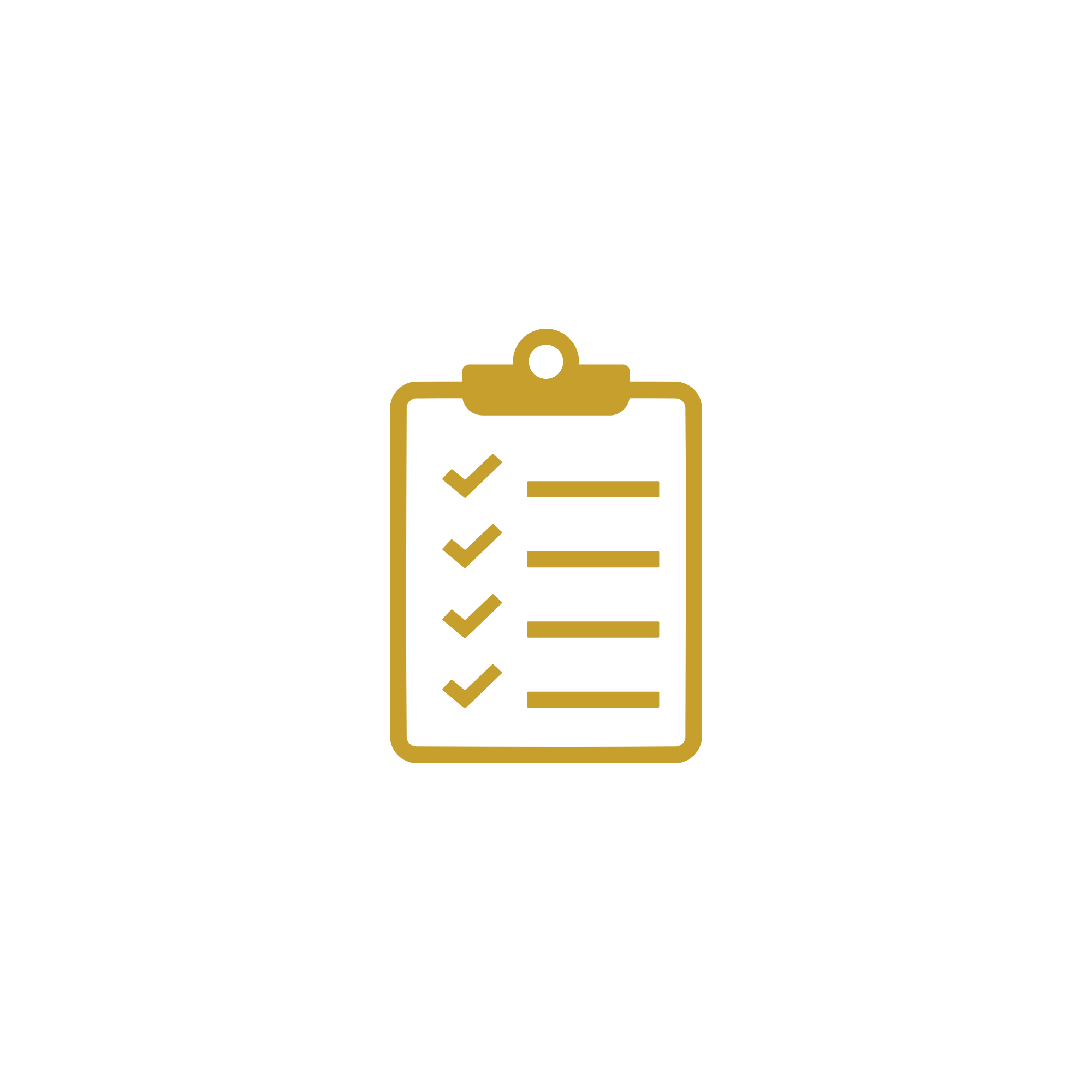 Illustration of a checklist with checkmarks on a clipboard, black background, gold accents.