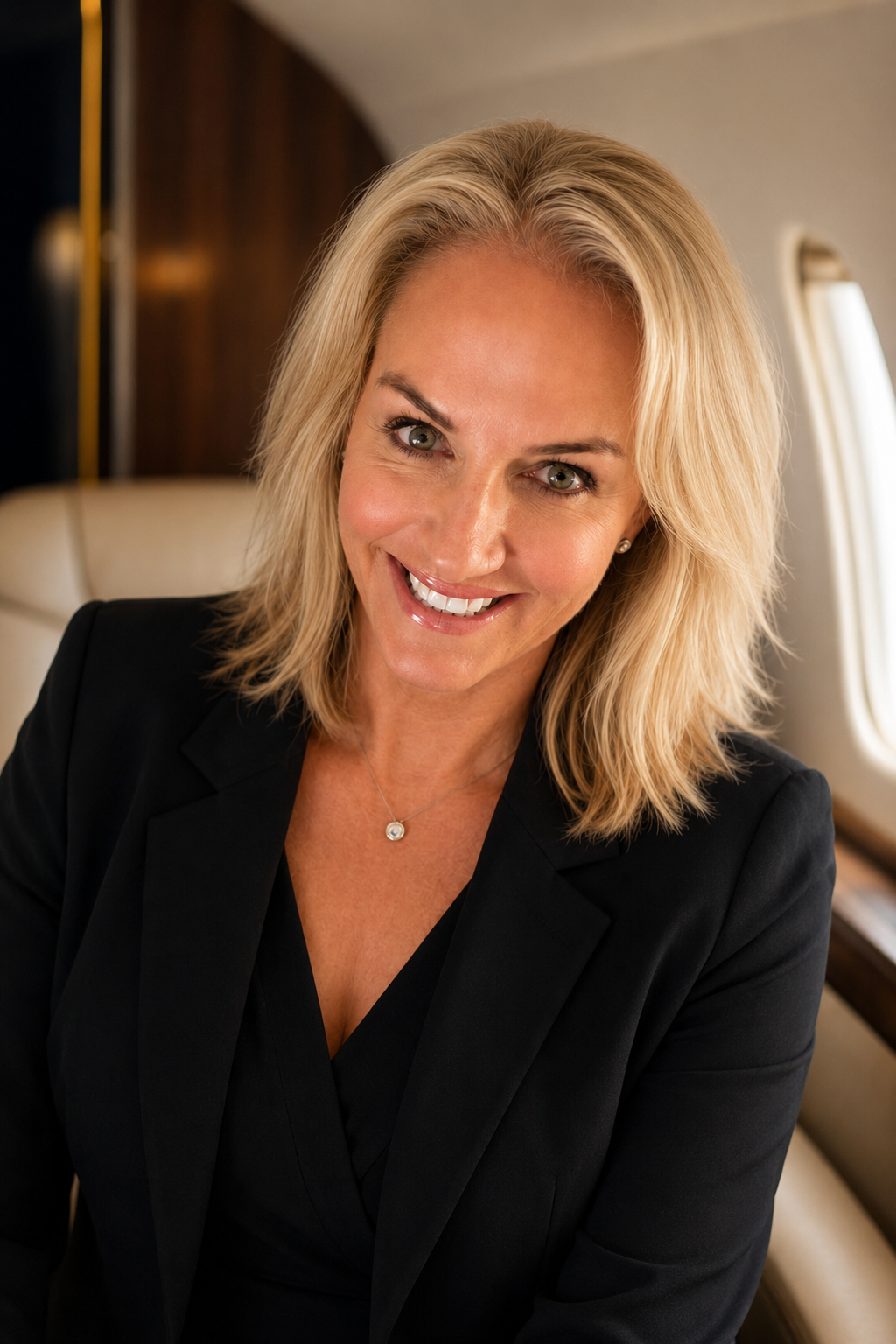 Kelly Collins seated inside an aircraft cabin