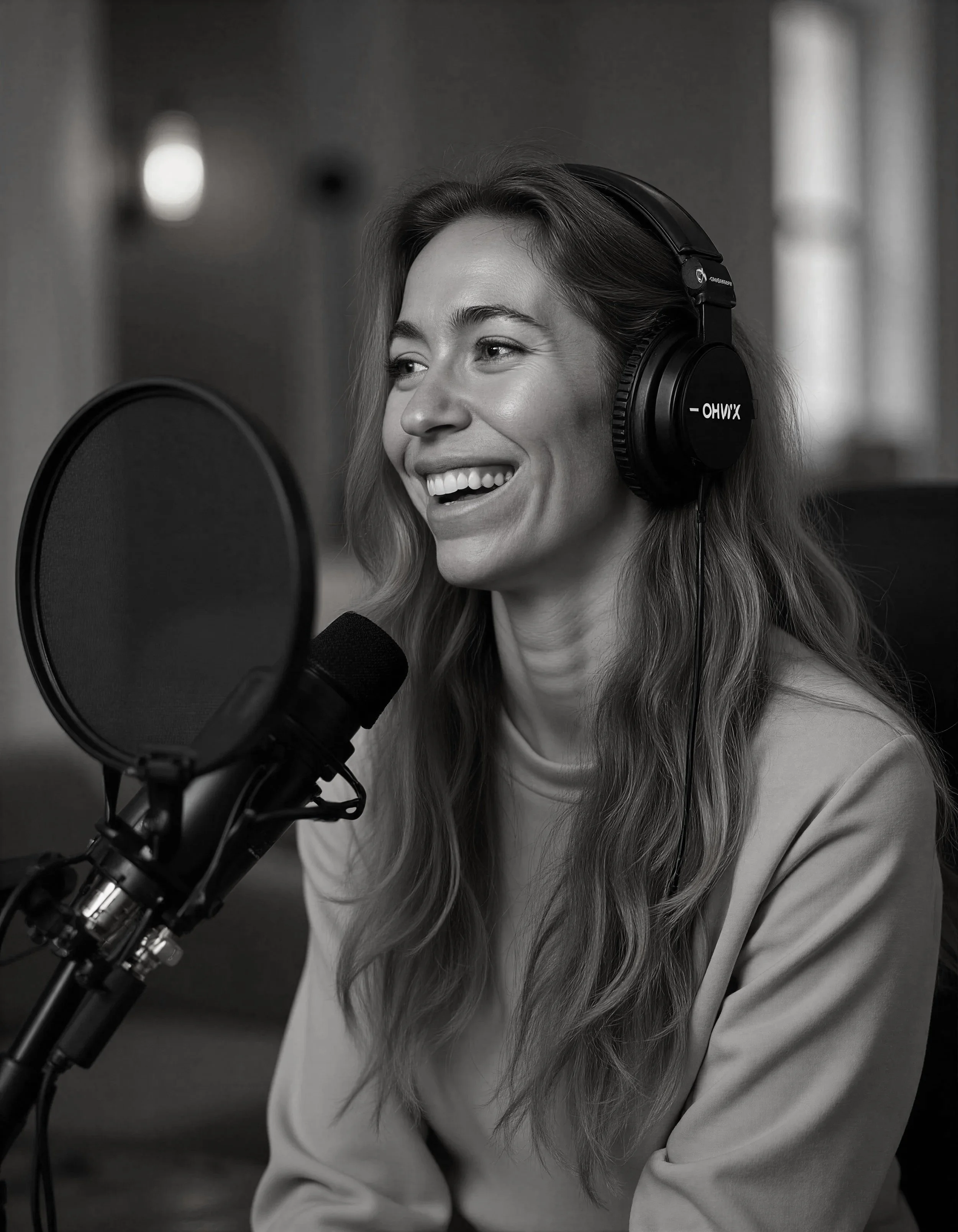 Liza Tullidge recording an episode of the Future Proof podcast.