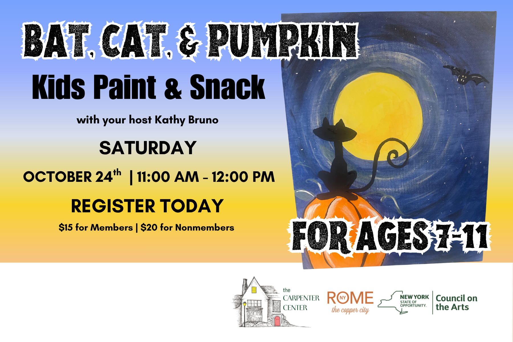 Cat, Bat, &amp; Pumpkin Kids Paint &amp; Snack For Kids Ages 7-11