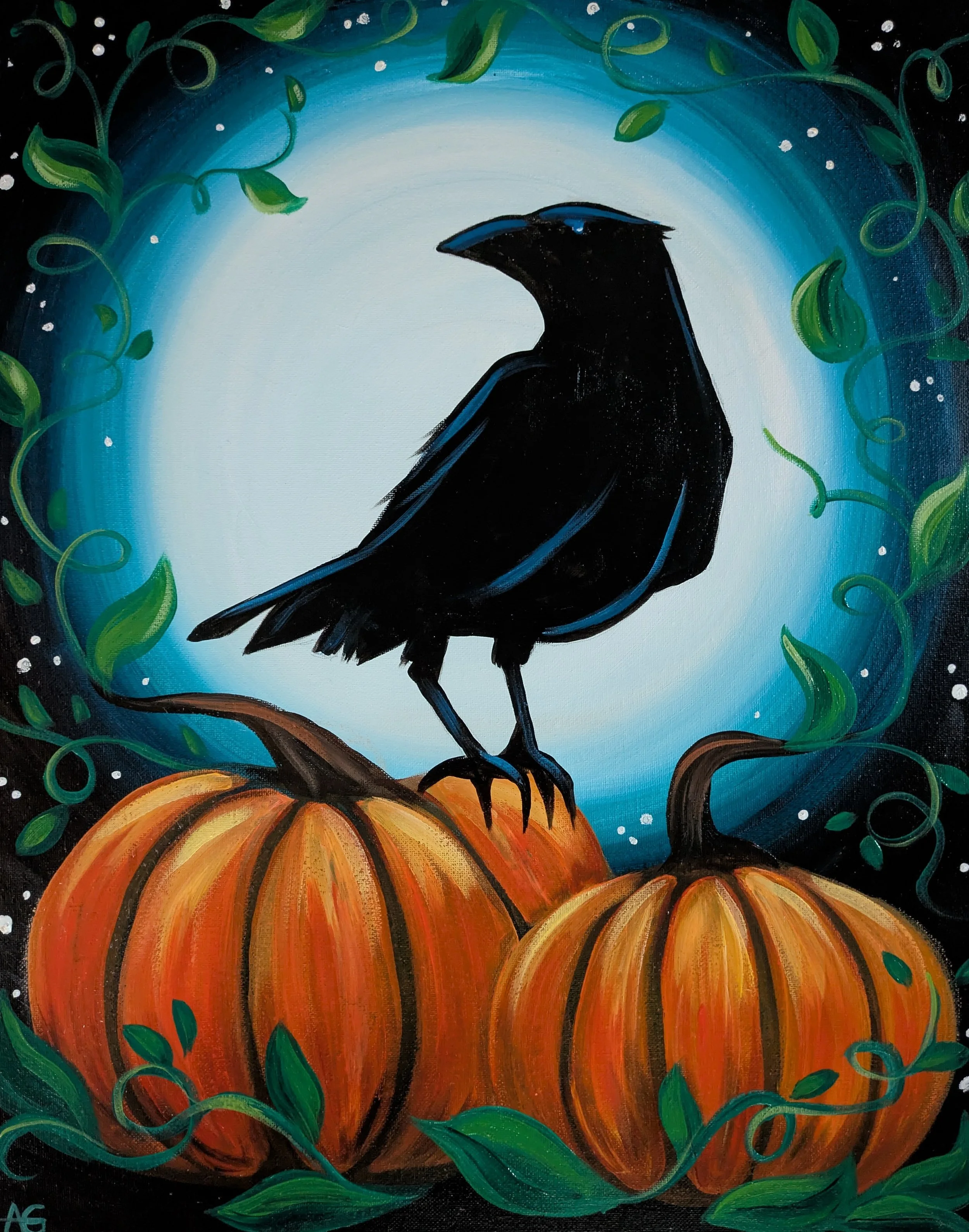 A painting of a crow perched atop the larger of two pumpkins in front of a background that appears to be made of moonlight and pumpkin plant vines