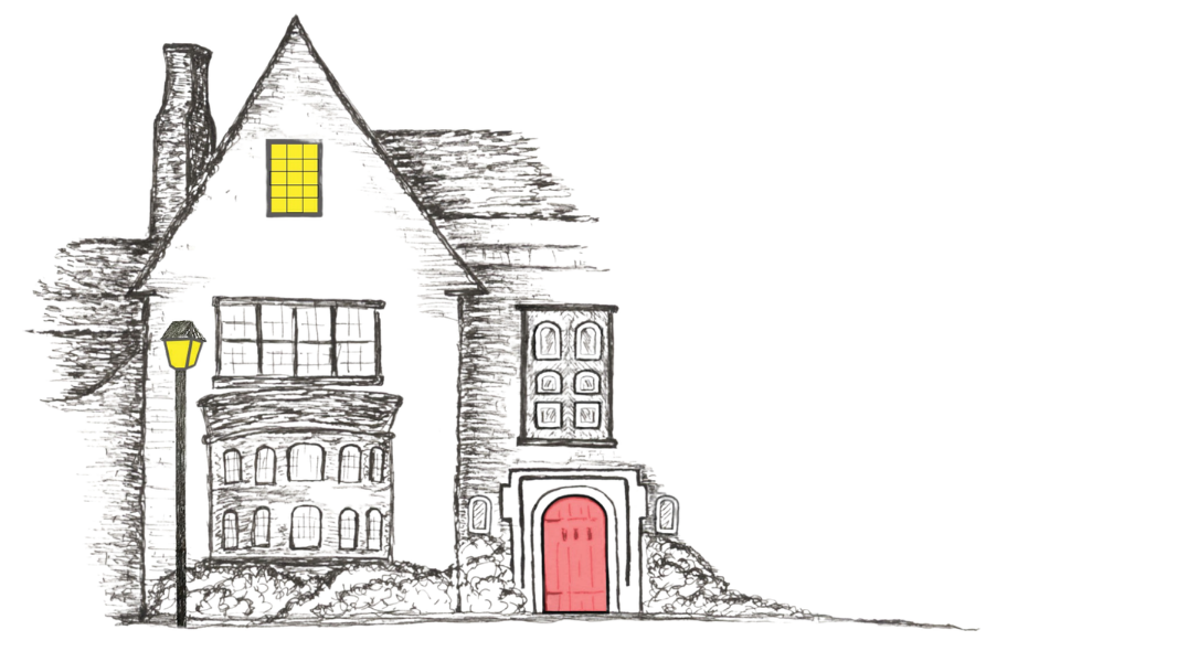 A black-and-white sketch of a house with a red front door, a chimney, and a lit streetlamp, featuring yellow window accents and shrubbery in the foreground.