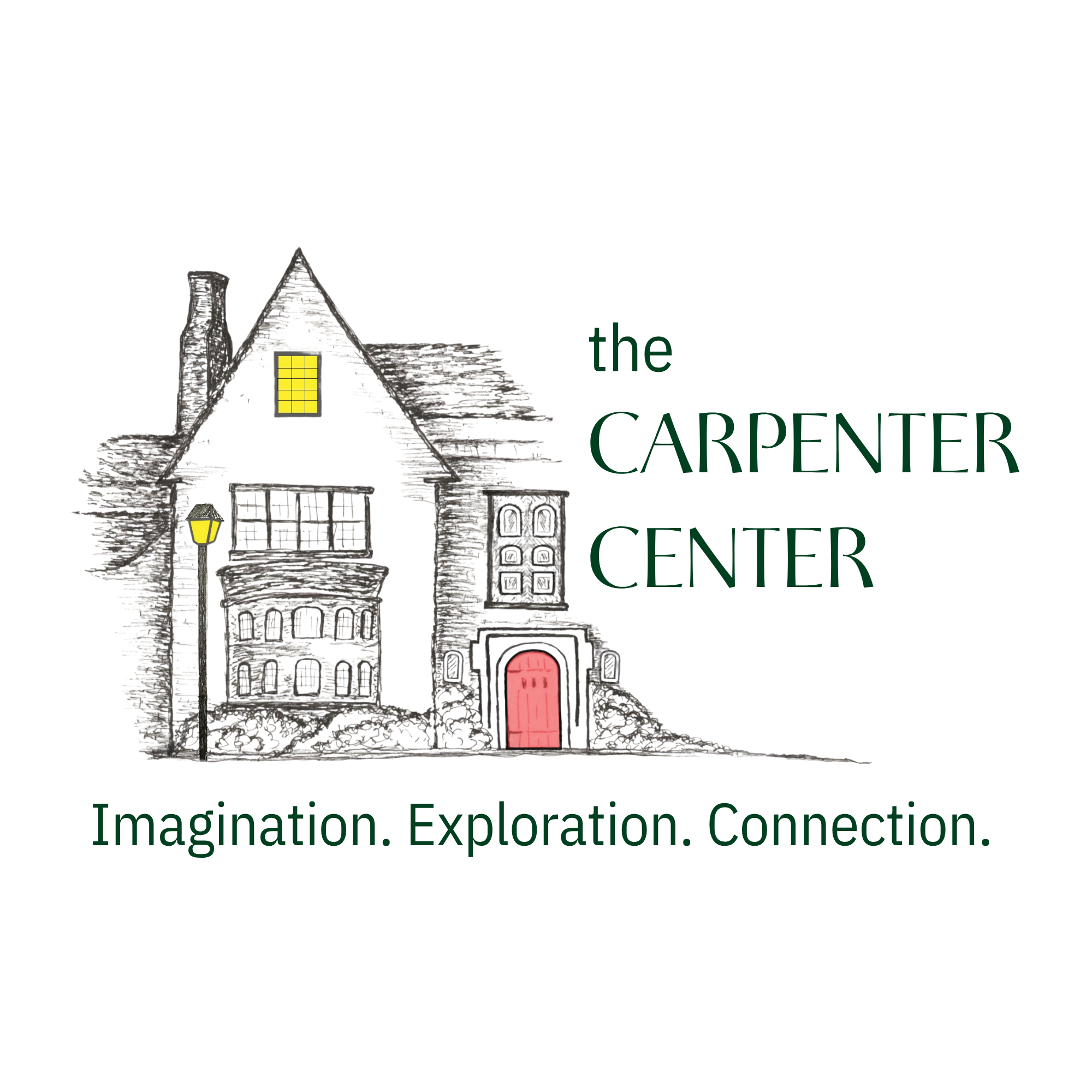 Sketch of a house with a yellow window and a red door, and the words 'the CARPENTER CENTER' in green text.