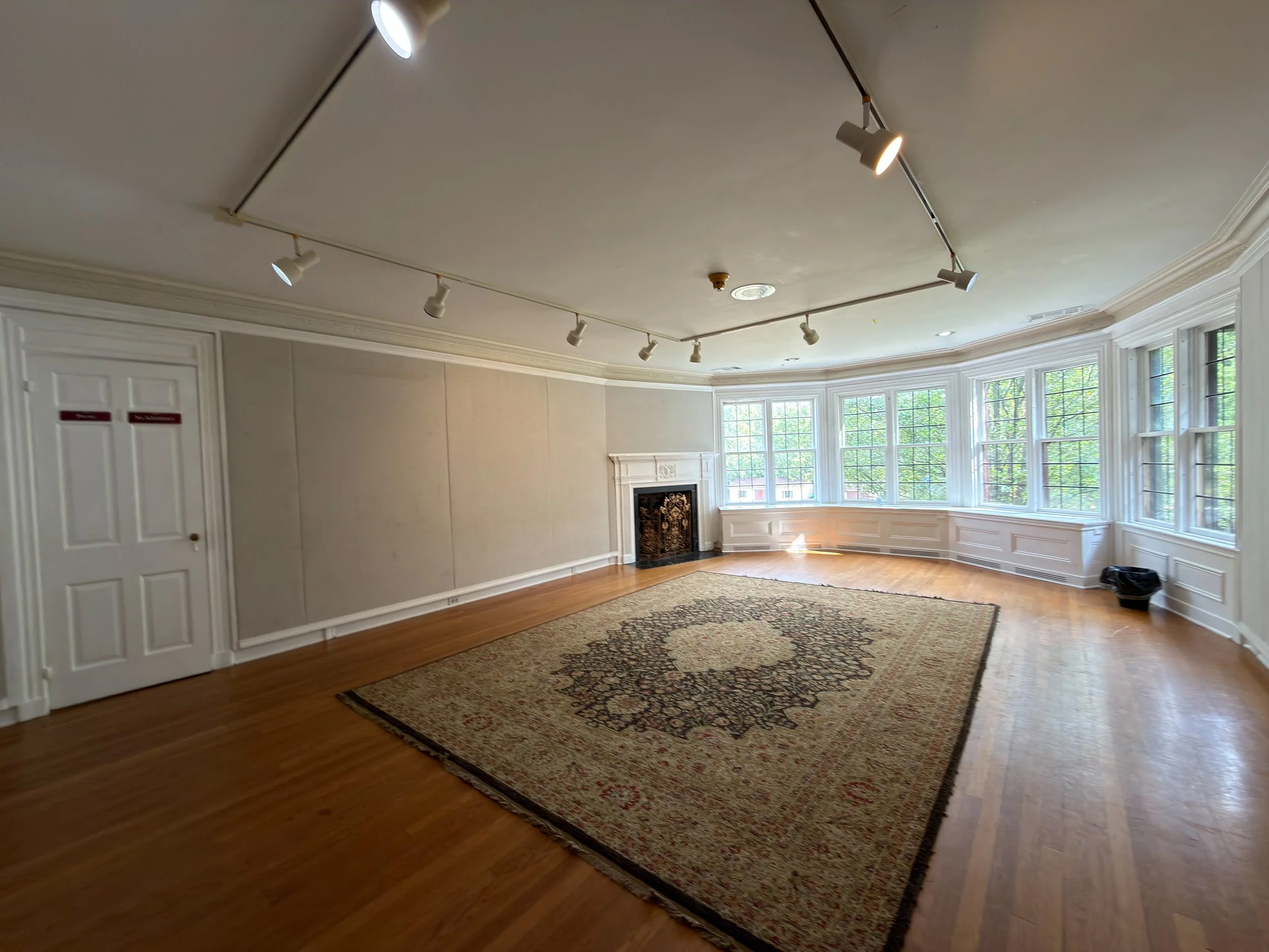 A spacious room with tall windows, an ornate fireplace, and a large patterned rug on hardwood floor. Track lighting is mounted on the ceiling.