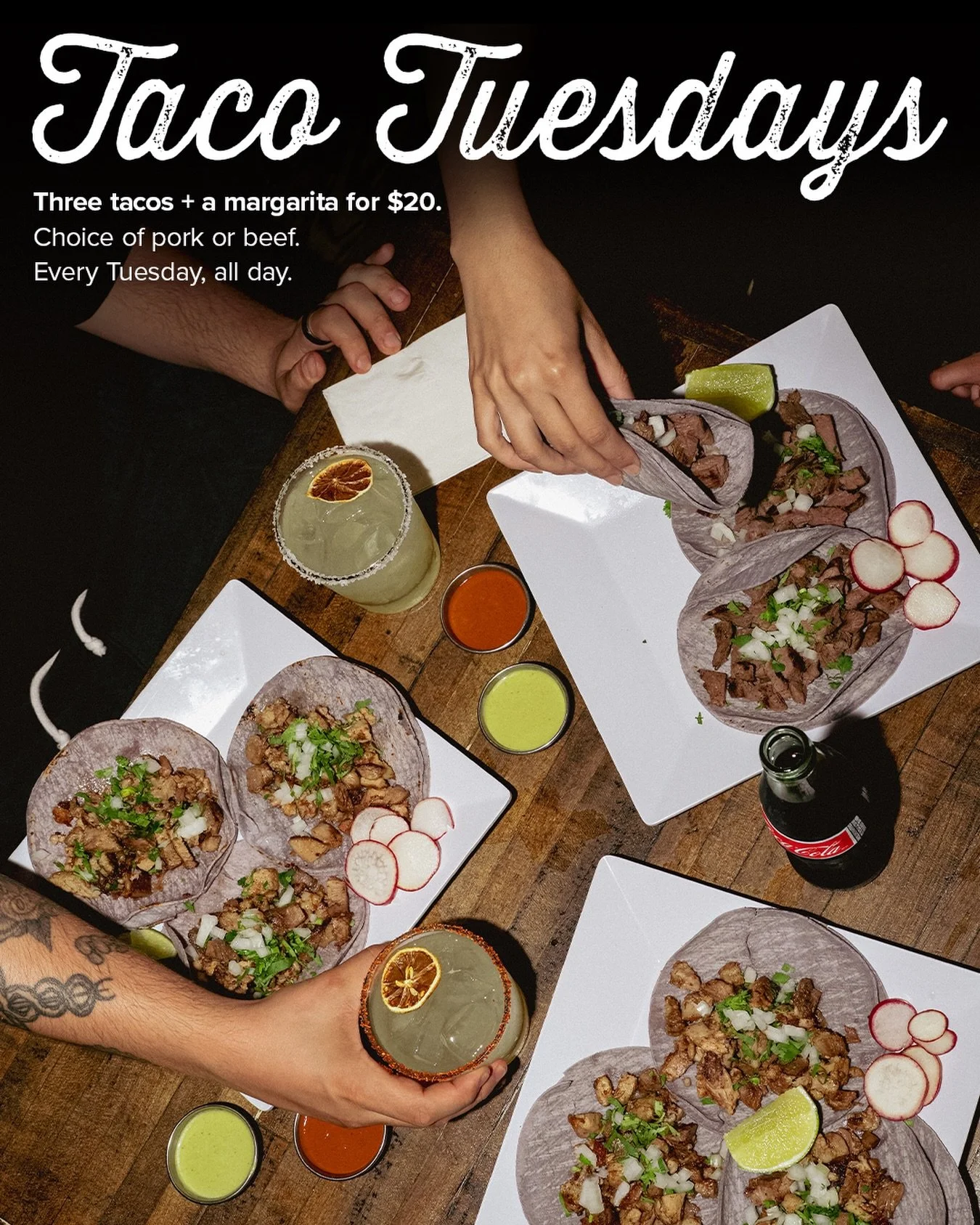 We do Taco Tuesday right. Three tacos, your choice of pork or beef, and a margarita for $20. Every Tuesday, all day. We&rsquo;re on Ditmars. Come through.