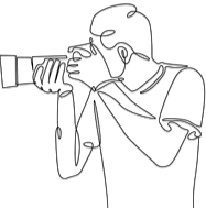 Line drawing of a person taking a photograph with a camera.