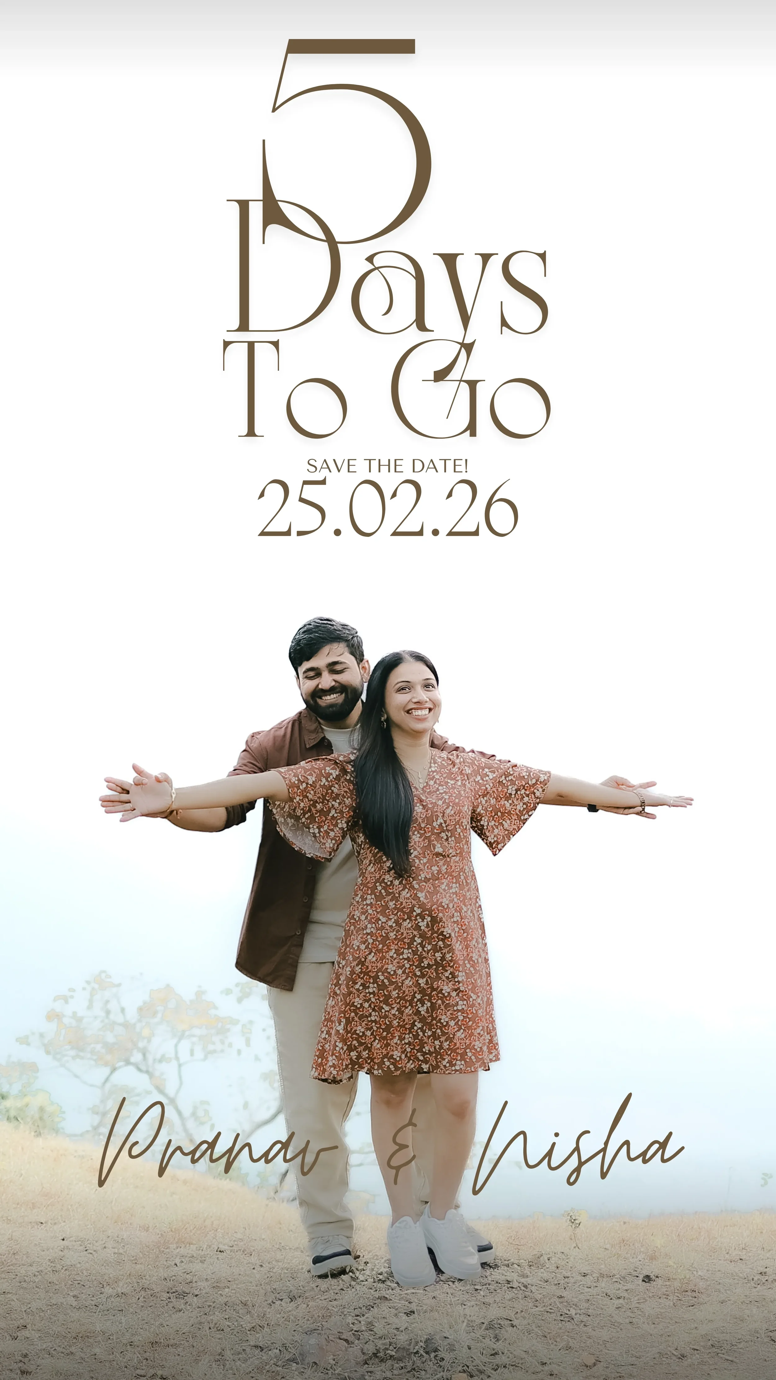 A couple standing outdoors on a grassy field, with arms outstretched, smiling. The woman has long dark hair and is wearing a floral dress, while the man has a beard and is dressed in casual clothing. Text above them indicates a wedding or special eve