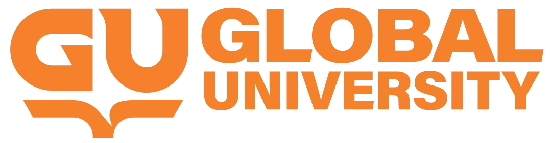 Logo of a university with the text "GU GLOBAL UNIVERSITY" in orange and black, featuring a stylized open book or wings beneath the text.