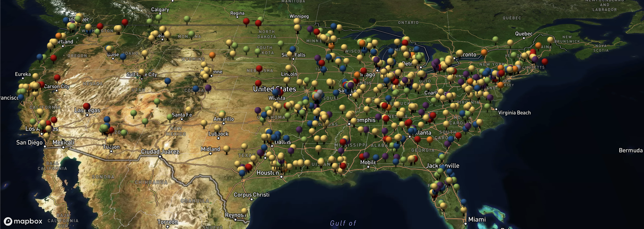 A detailed map of the United States featuring colored markers indicating various locations across the country.
