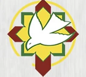 Logo with a white dove in front of a yellow and green geometric background with a red diamond shape and a yellow circle outline.