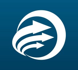 A logo featuring three white arrows curving right inside a white circle on a blue background.