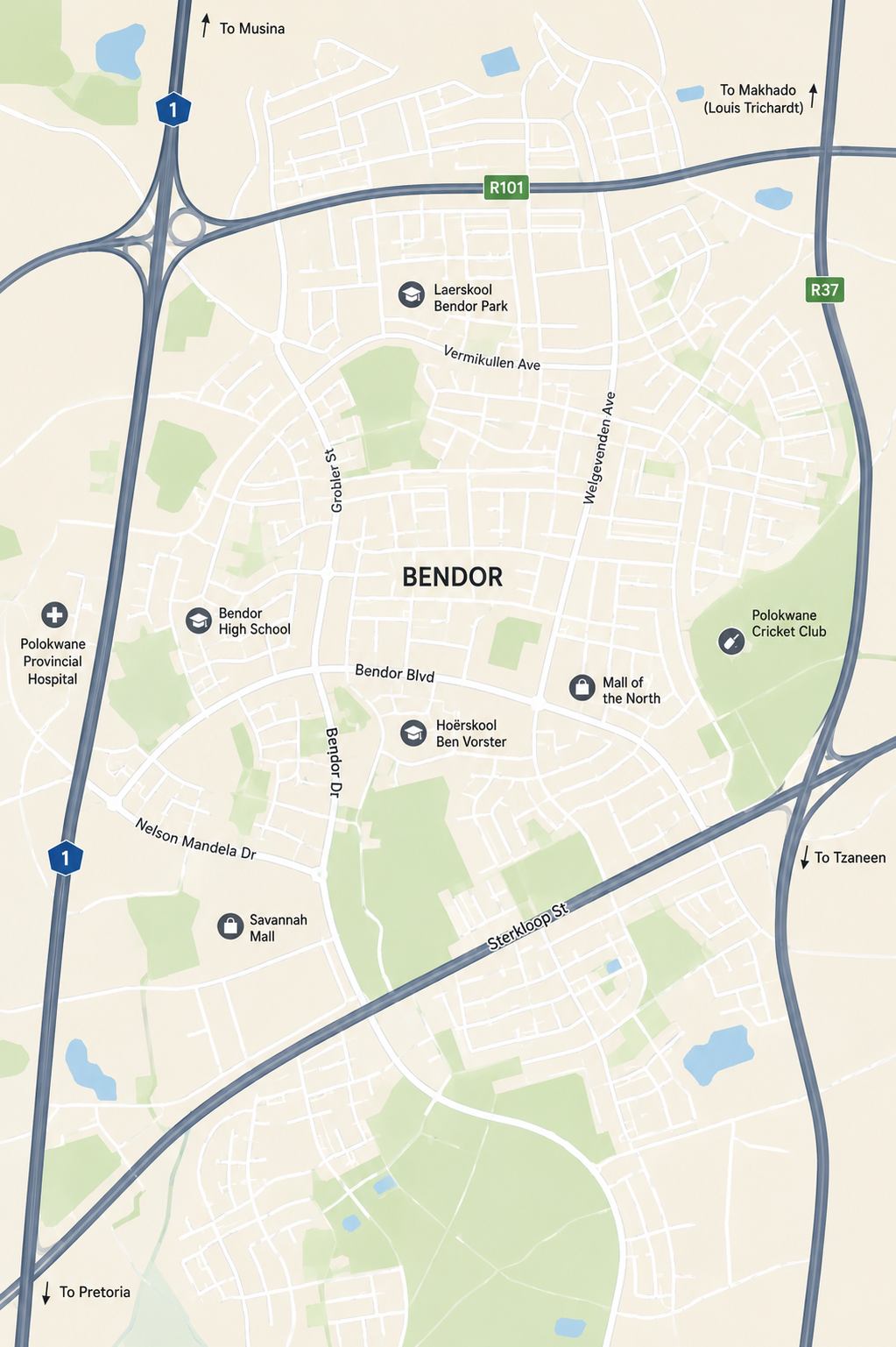 Map of Bendor showing streets, parks, schools, shopping centers, and surrounding highways.