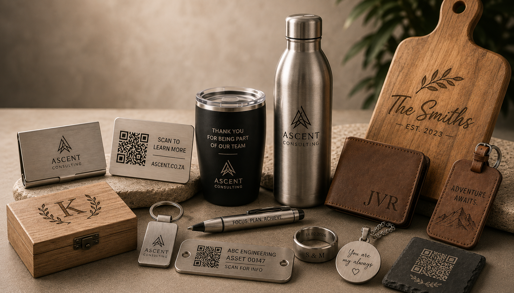 Collection of engraved personalized promotional items for, including coffee tumbler, water bottle, wooden plaque, leather wallet, keychain, ring, photo tag, pens, and engraved cards.