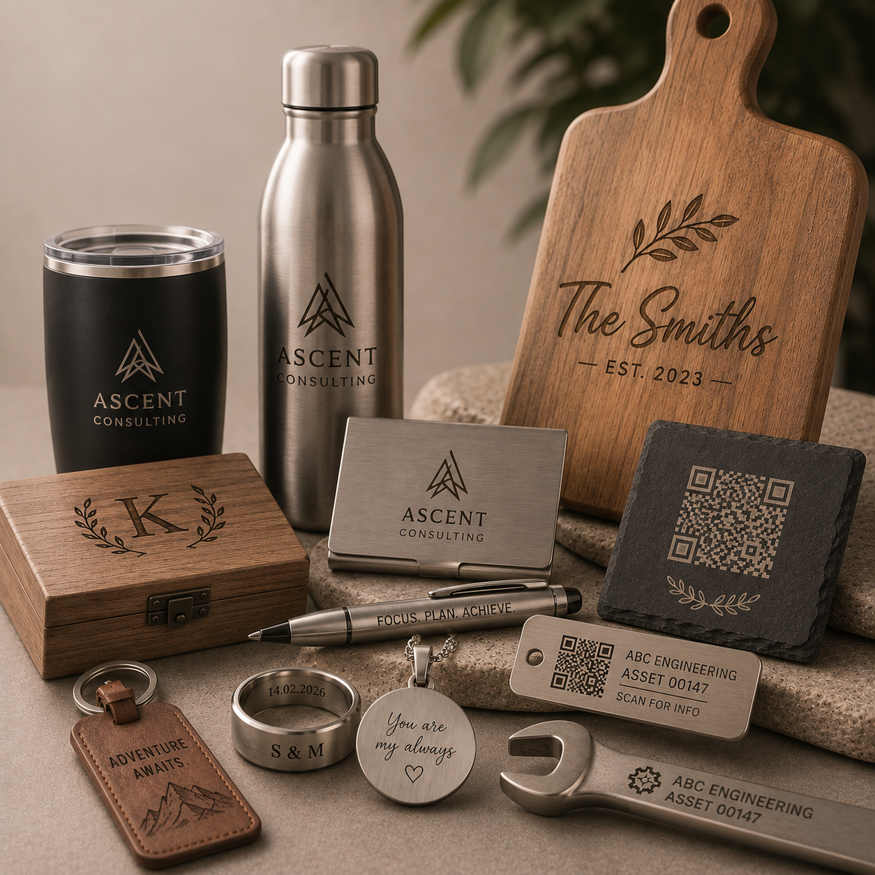 Collection of branded items including a black tumbler and stainless steel water bottle  a wooden plaque a black coaster with a QR code, a silver business card holder with  logo, a silver pen with the words 'Focus. Plan. Achieve.', a wooden box with a letter 'K', a metal ring engraved with the date  and initials, a round metal keychain a leather keychain a small wrench, and a silver rectangular tag with a QR code and company details.