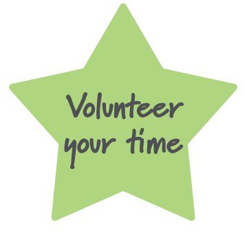 Light green star-shaped badge with the words 'Volunteer your time' written in dark gray in the center.
