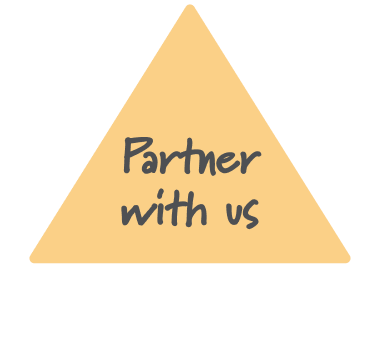 A yellow triangle with the text 'Partner with us' in the center.