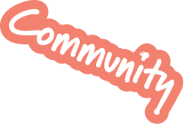 Word 'Community' in pink text with a white outline on a transparent background.