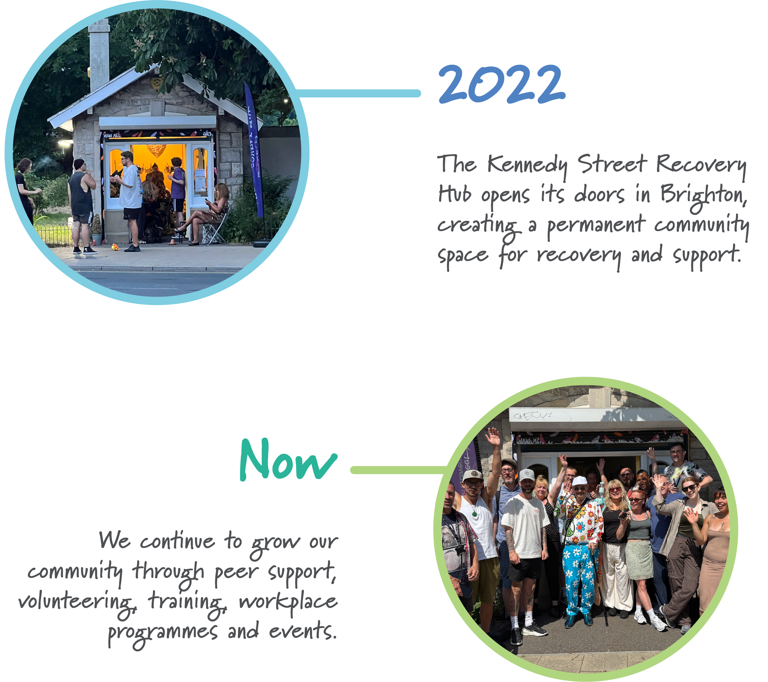 A group of diverse people standing outside a small stone building with an open door, some waving and smiling, in a community event or gathering. The scene is in daylight surrounded by greenery.