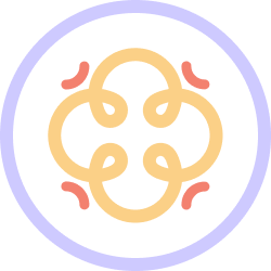 A colorful, abstract design with interconnected loops and red accents, surrounded by a purple circular border.