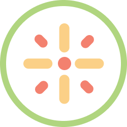 Simplified illustration of a clock showing 12:00, with a green circular border and orange and red accents.
