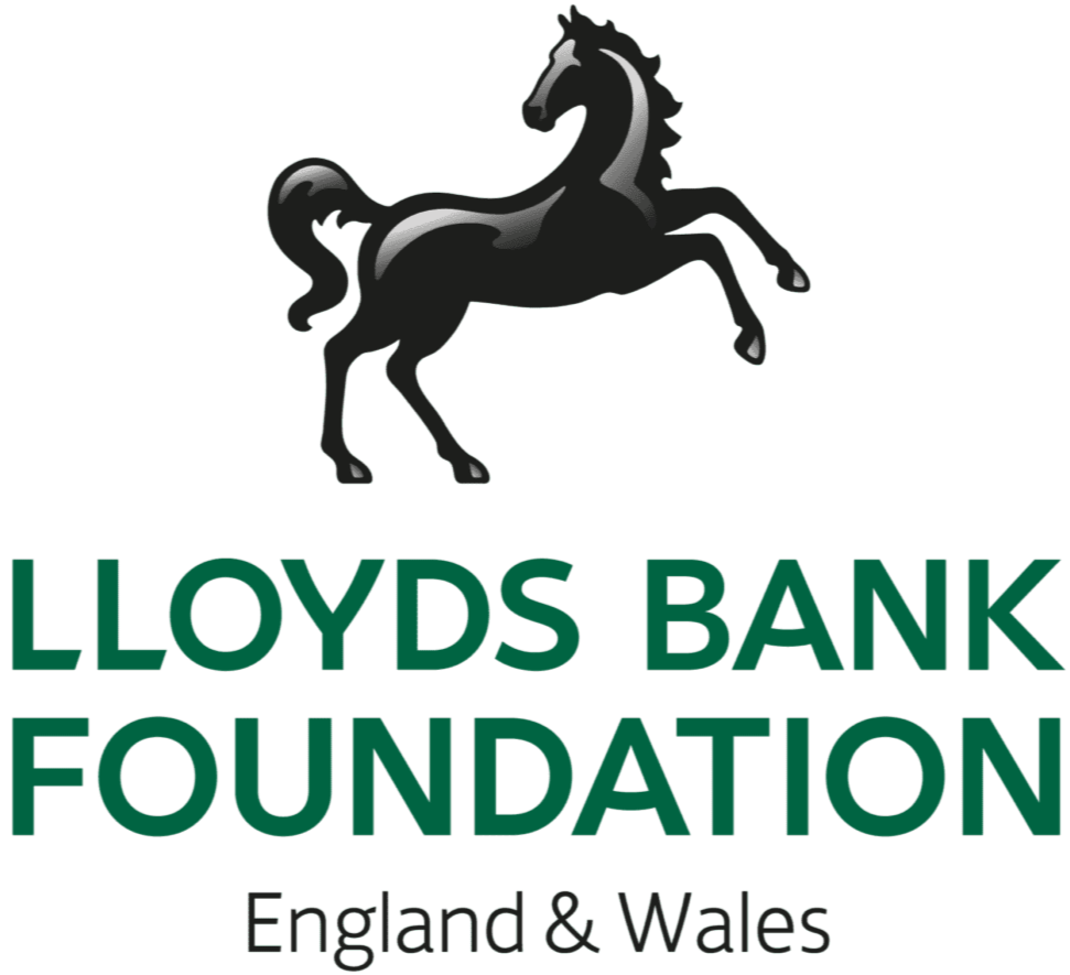 Lloyds Bank Foundation logo with a black horse standing on three legs, with a gray mane and tail, and the text "Lloyds Bank Foundation" and "England & Wales" underneath.