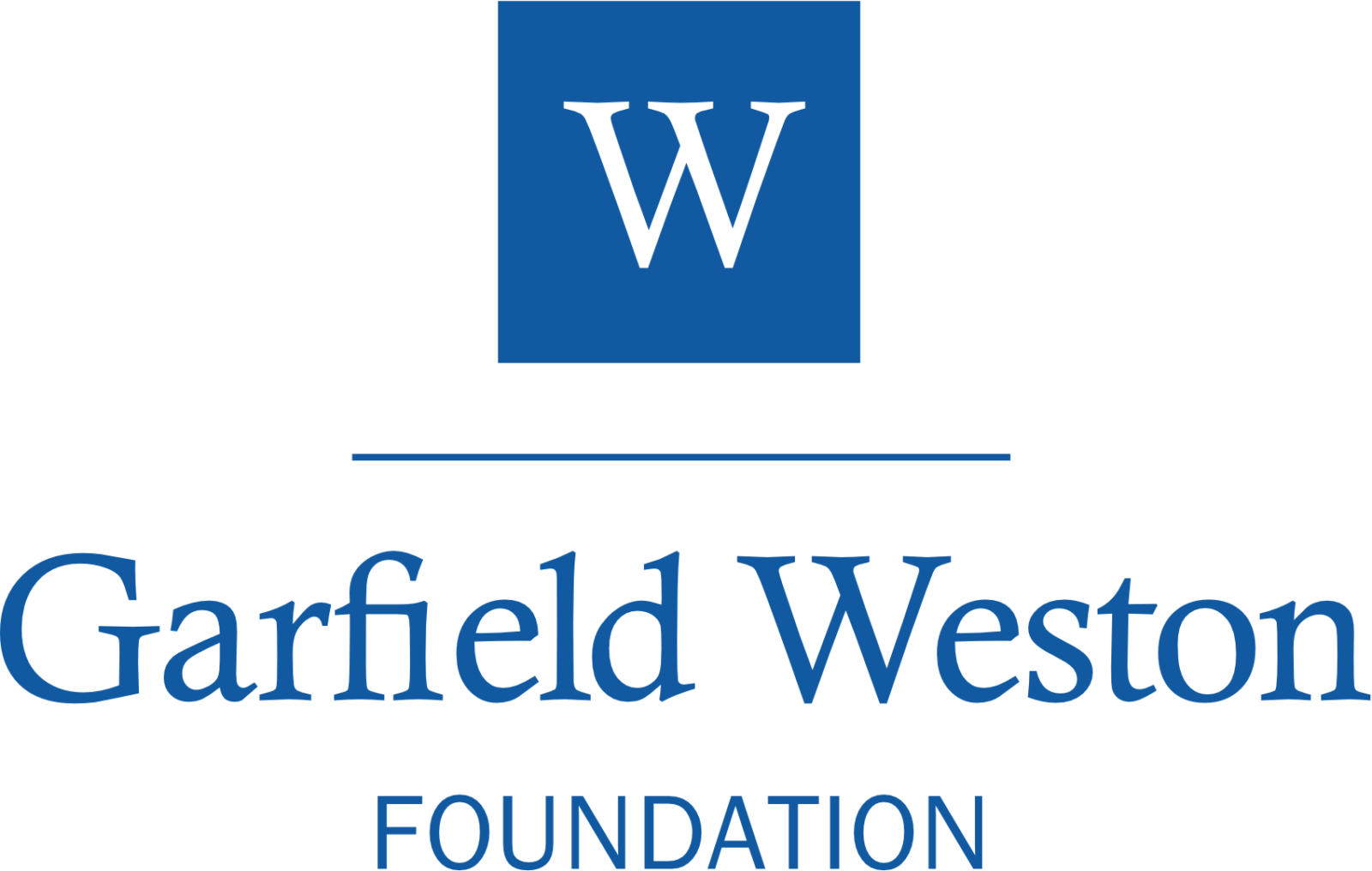 Logo of the Garfield Weston Foundation, featuring a blue square with a black 'W' and a blue horizontal line, with the foundation name written below.