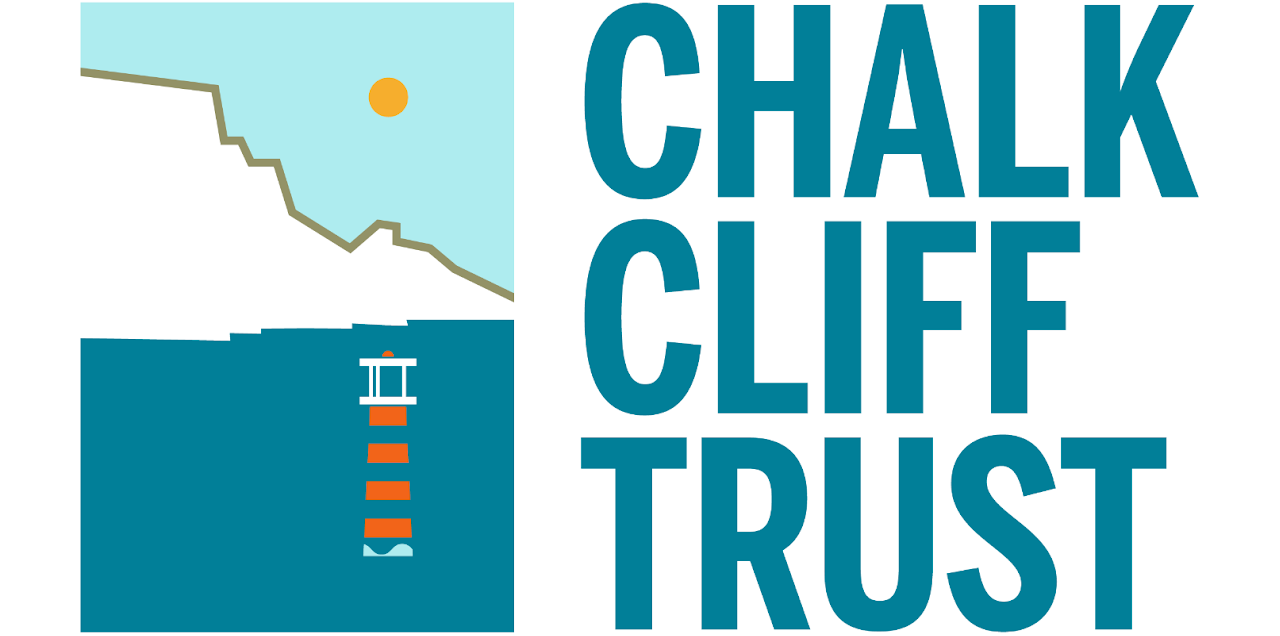 Logo for Chalk Cliff Trust featuring an outline map of Nevada with a yellow dot, an illustration of a lighthouse, and the text "Chalk Cliff Trust" in large blue letters.
