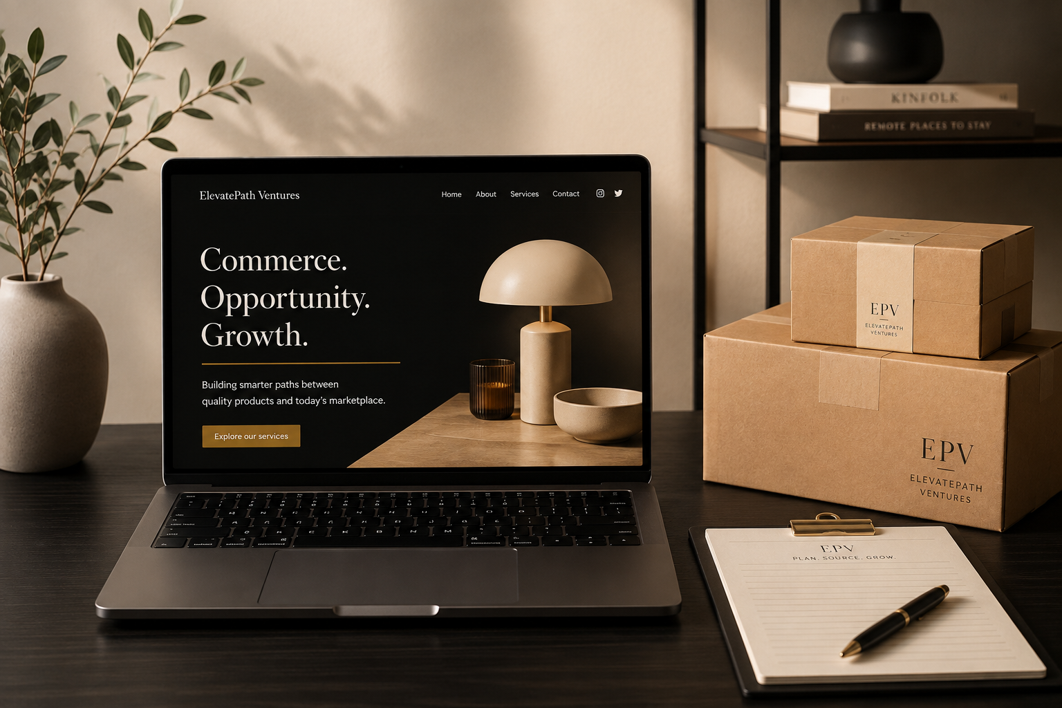 ElevatePath Ventures workspace featuring a laptop and business planning materials for retail and e-commerce operations.