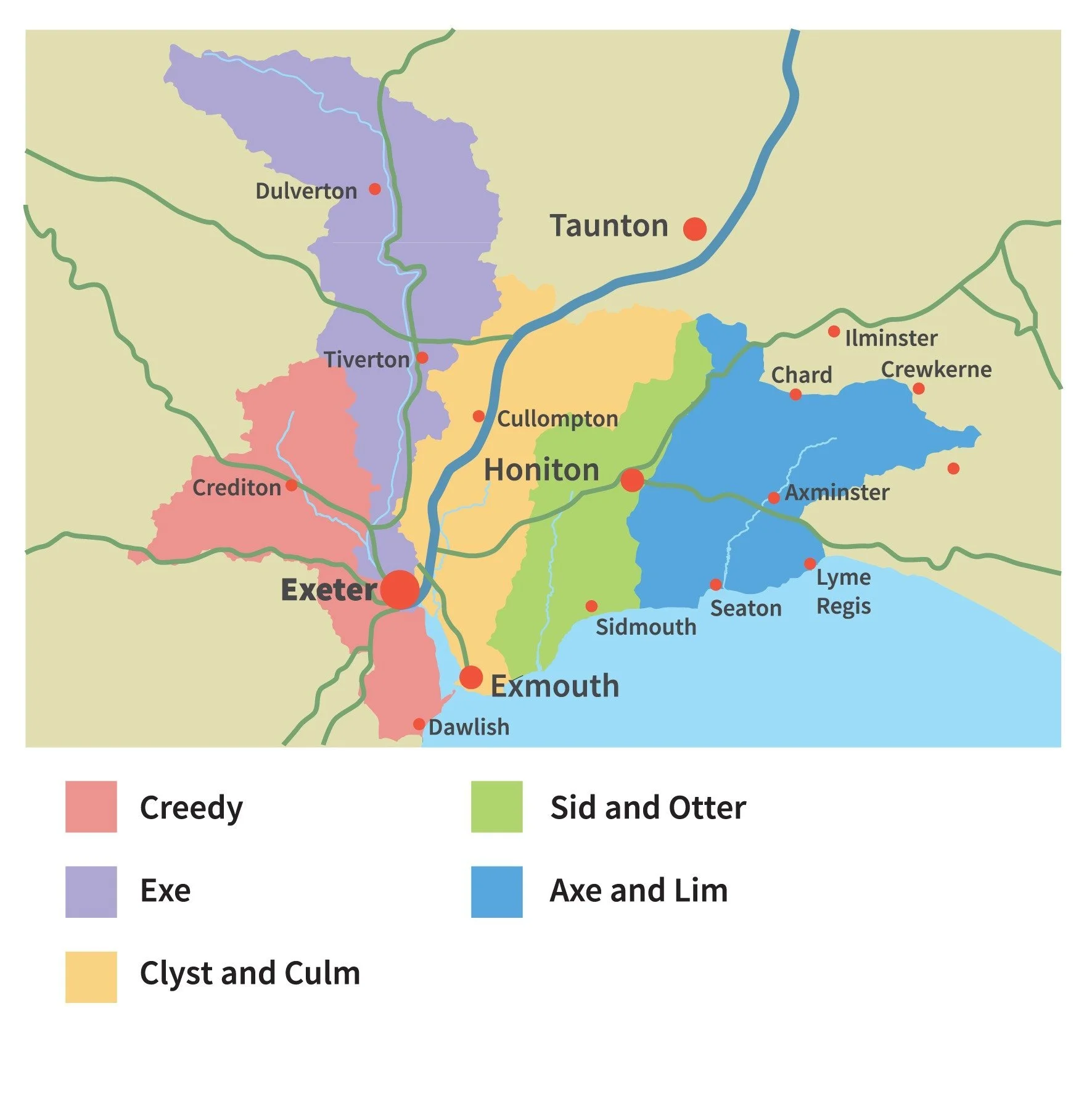 A colorful map showing regions named Credy, Exe, Clyst and Culm, Sid and Otter, Axe and Lim, and the towns of Exeter, Tiverton, Dulverton, Cullompton, Honiton, Seaton, Lyme Regis, Sidmouth, Axminster, Ilminster, Chard, and Crewkerne, with colored regions and red dots indicating towns, and rivers running through the regions.