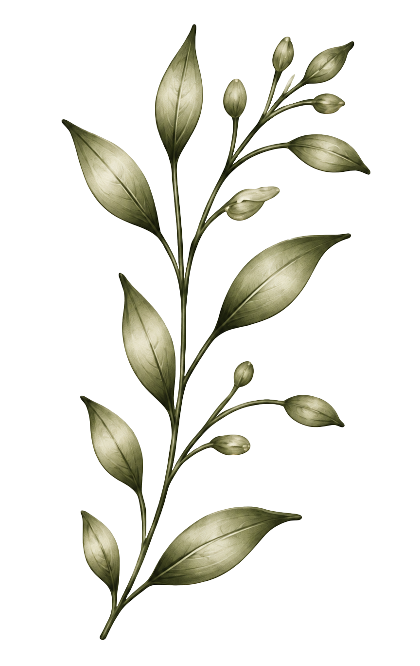 A botanical illustration of a plant with elongated, smooth-edged leaves and budding flowers on thin stems.