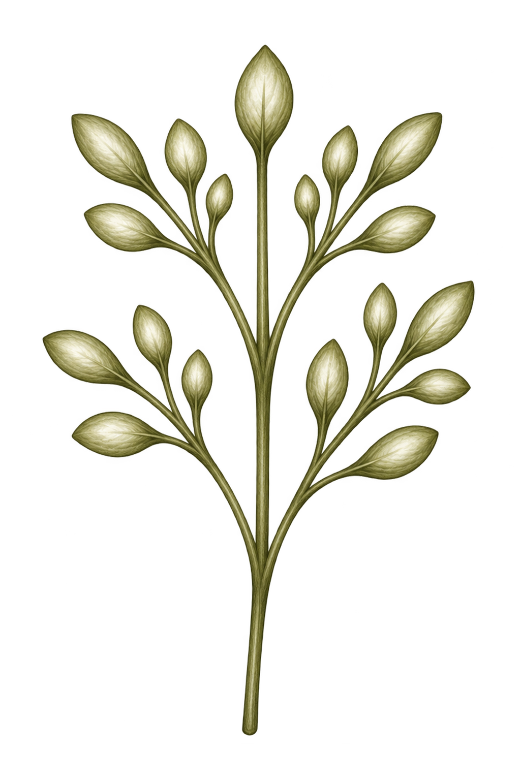 Illustration of a plant with multiple stems, branches, and oval-shaped buds or leaves.