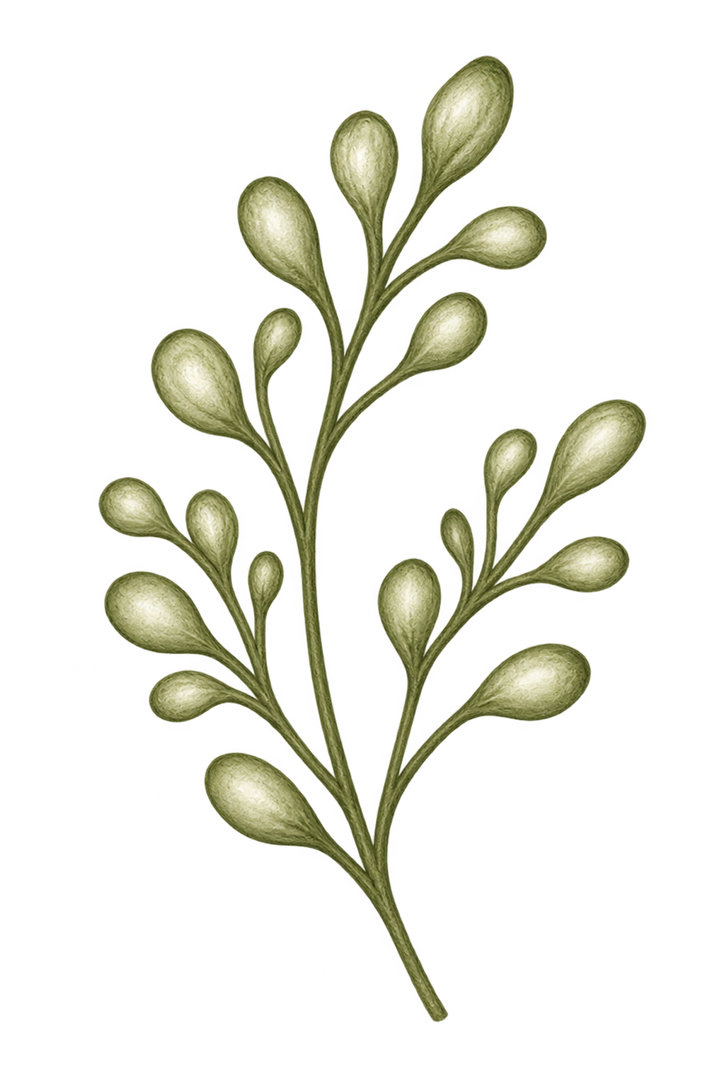 Illustration of a green, leafy branch with multiple rounded buds.