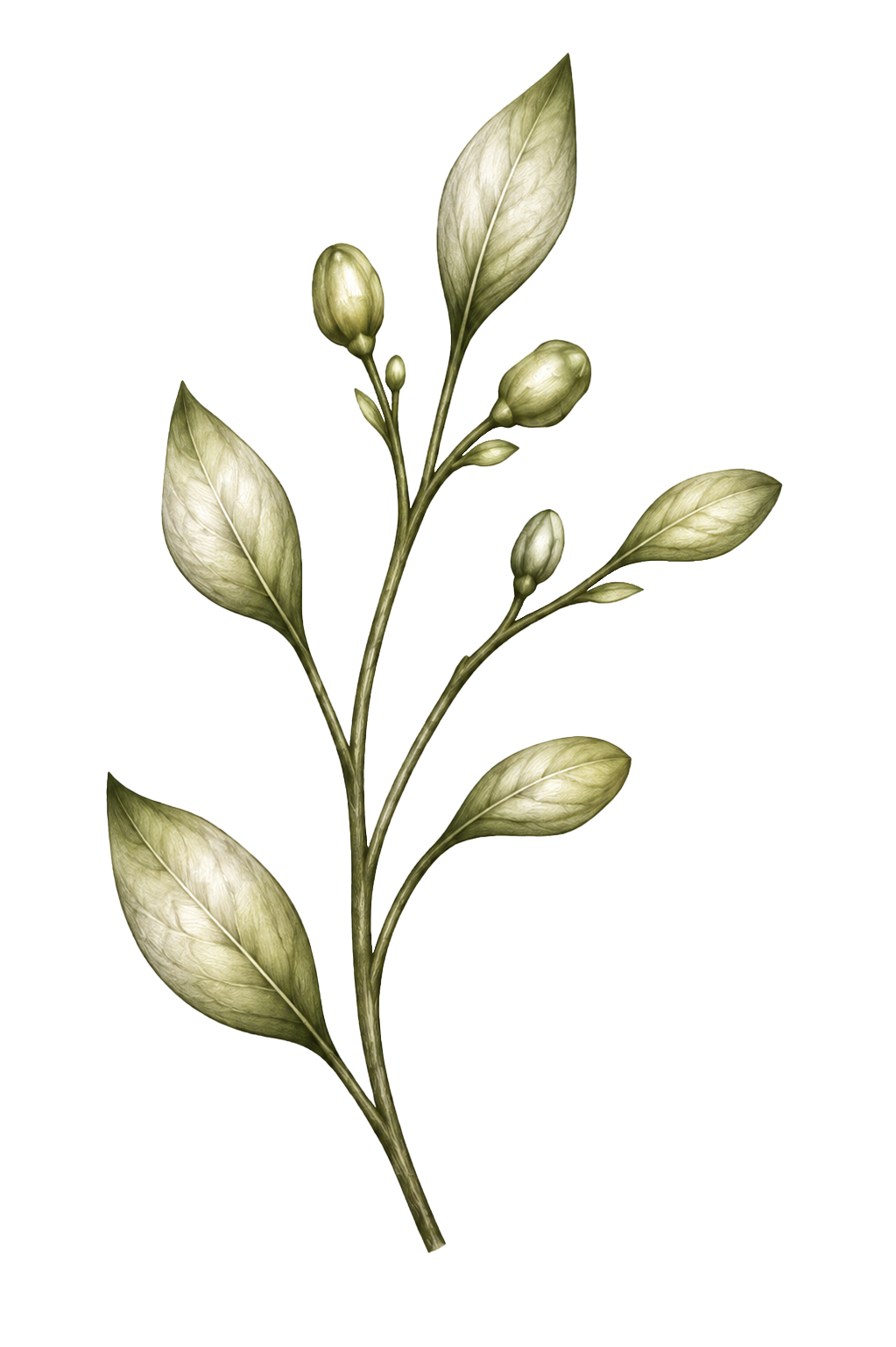 A botanical illustration of a branch with multiple leaves and buds.