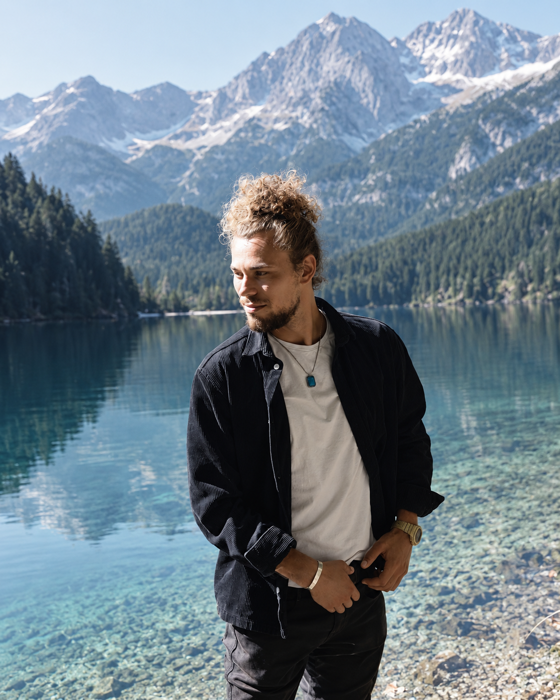 Junge Mann mit hellblonden, lockigen Haar und Bart steht am Ufer eines Bergsees, im Hintergrund hohe, schneebedeckte Berge und eine bewaldete Landschaft.