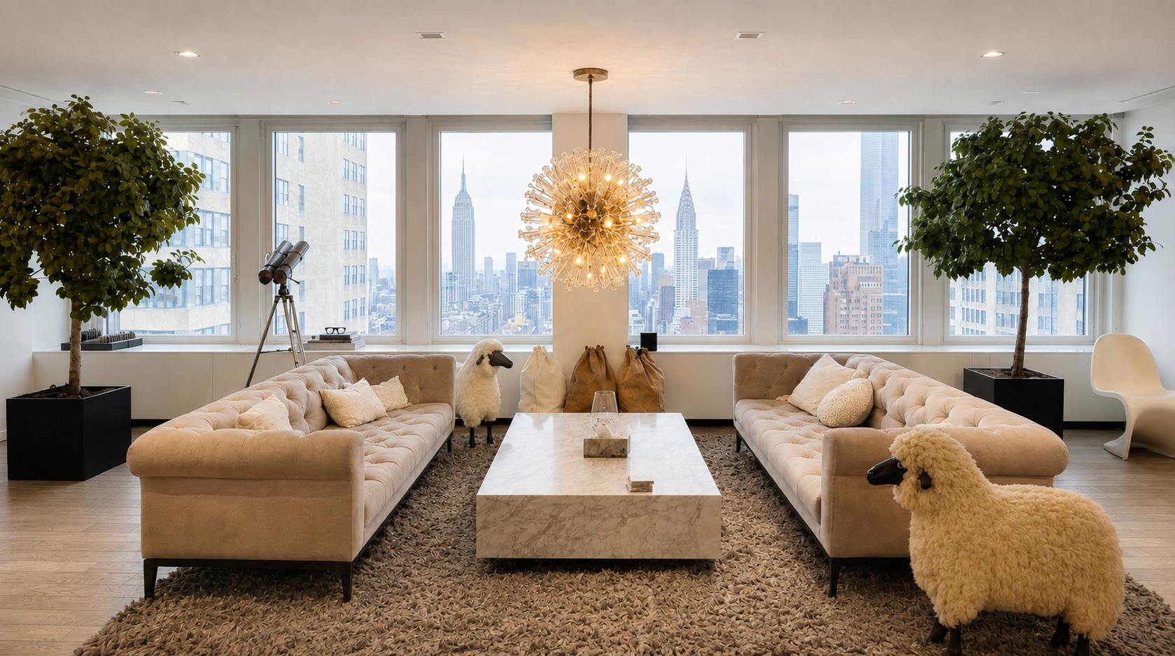 Living room with large windows showing city skyline, beige tufted sofas with decorative pillows, a marble coffee table, two potted trees, a chandelier, a telescope, and two sheep sculptures with sheep skins.