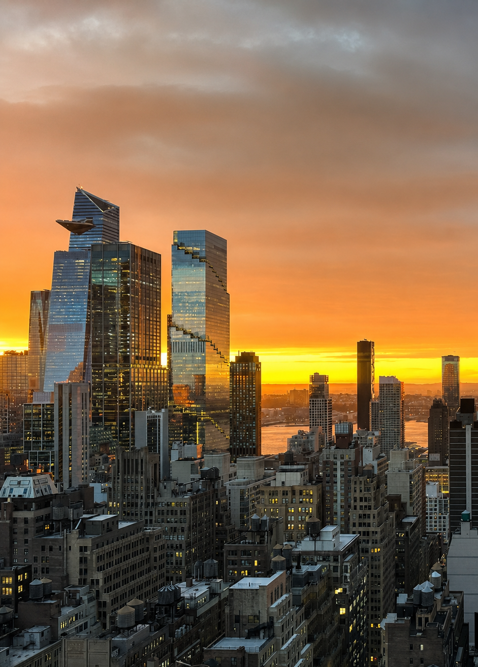 City skyline at sunset with modern skyscrapers illuminated against a colorful sky.