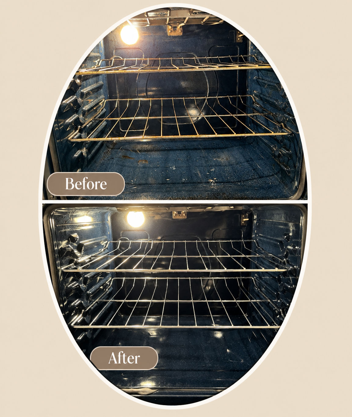 Image showing a comparison of an oven before and after cleaning, with the top labeled 'Before' and the bottom labeled 'After', highlighting the cleaning results.