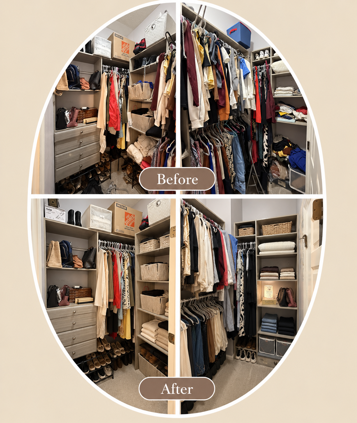 Comparison of closet organization before and after makeover, showing a cluttered space in the 'Before' images and a neatly organized closet with folded clothes, shoes, and baskets in the 'After' images.
