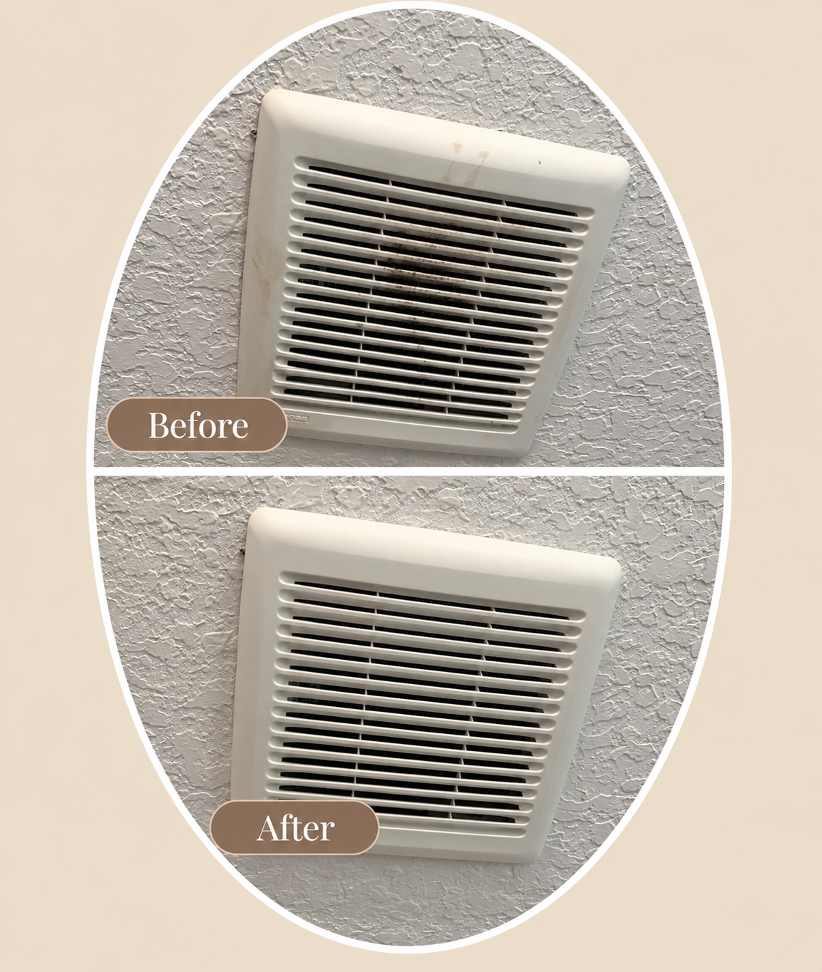 Comparison of a dirty and cleaned bathroom exhaust vent. The top vent labeled "Before" has accumulated dirt and dust, while the bottom vent labeled "After" appears clean.