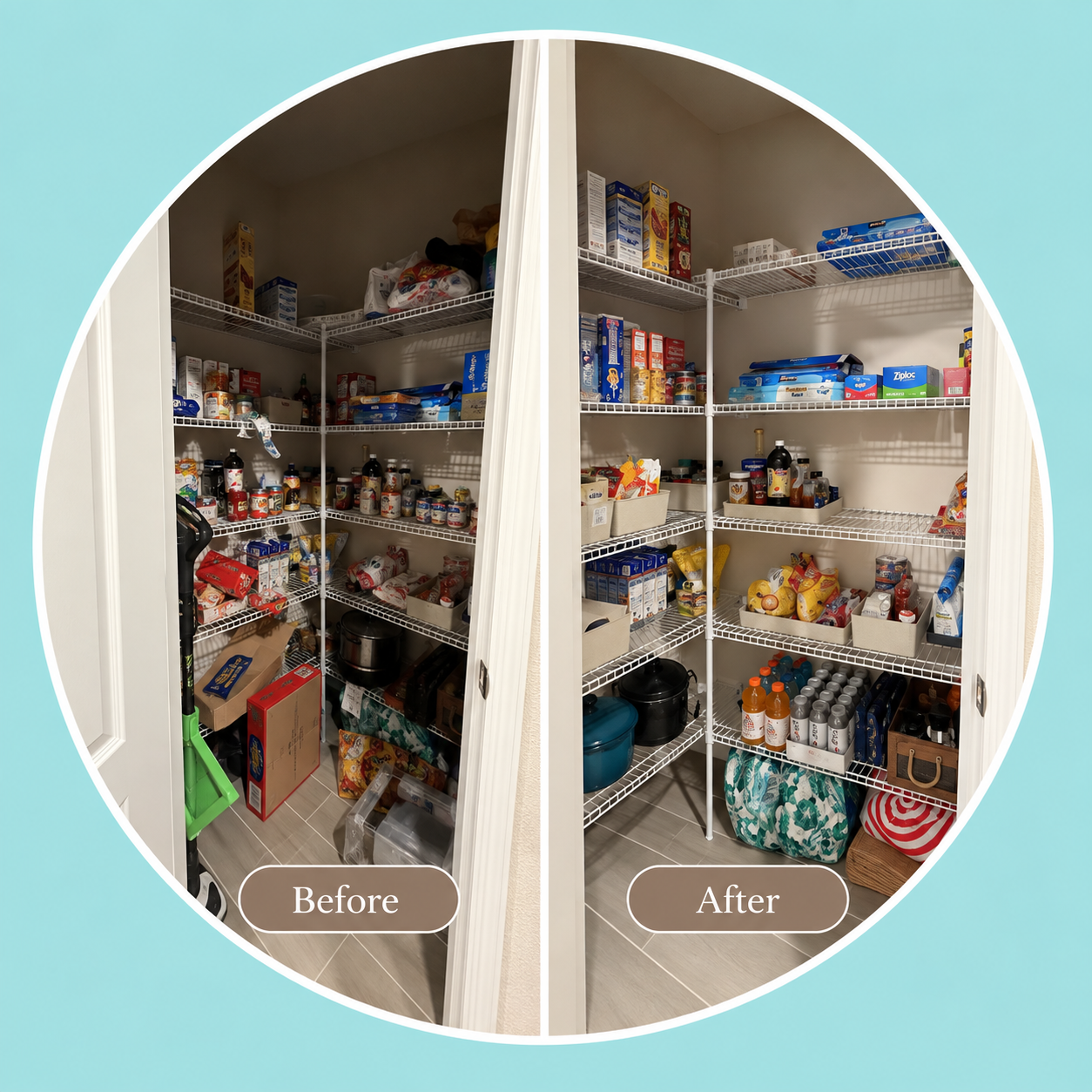 Side-by-side comparison of a pantry before and after organization. The 'before' shows cluttered shelves with food and kitchen items, while the 'after' displays neatly arranged shelves with labeled containers and tidy supplies.