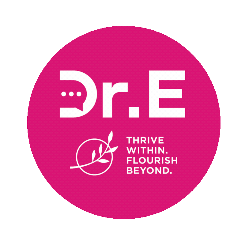 Pink circular logo with white text reading 'Dr. E'. Below, a white leaf and circle icon, alongside the slogan 'Thrive within. Flourish beyond.'