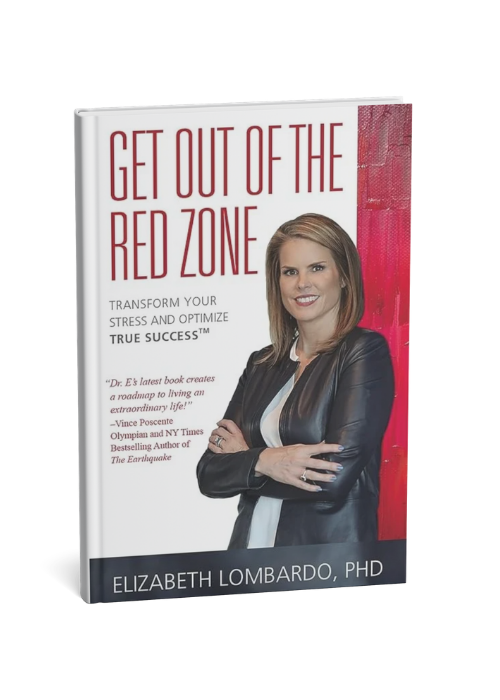 Book titled 'Get Out of the Red Zone' by Elizabeth Lombardo, PhD, featuring a woman with shoulder-length hair wearing a black jacket and white shirt, standing against a red and black background.
