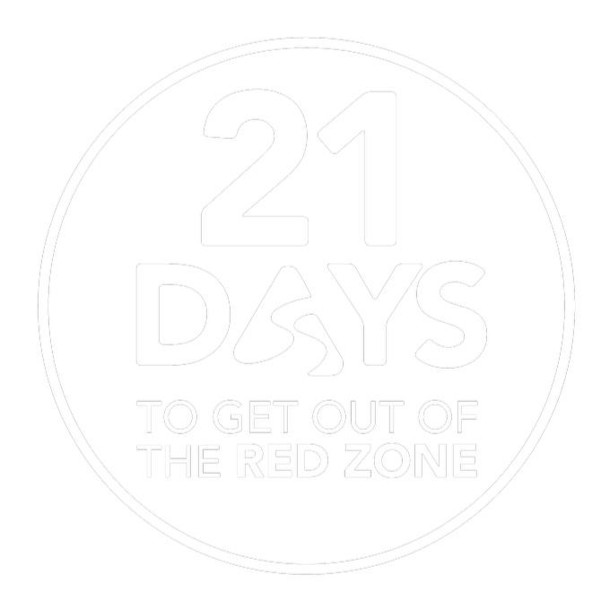 Black and white circular graphic with text indicating 21 days to get out of the red zone.